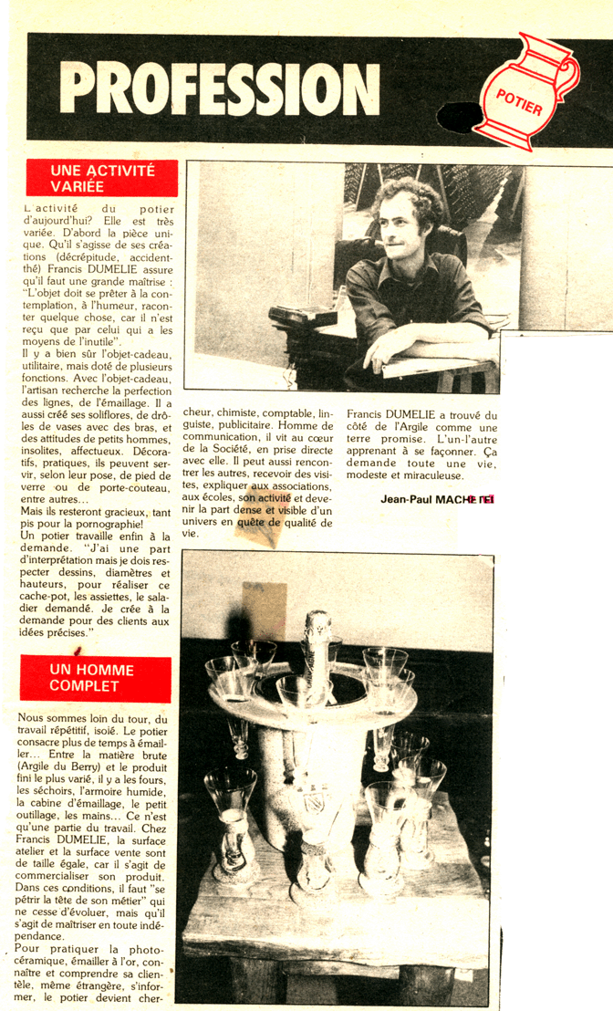 Francis Dumelie, Francis Dumeli&eacute;, maitre artisan, service &agrave; champagne, poterie, poterie du fil de l'eau, photo&eacute;maillage, bateau d'argile et d'eau 