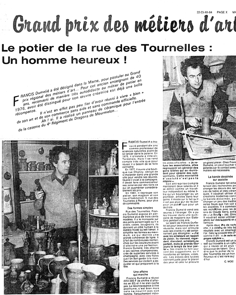 Francis Dumelie, Francis Dumeli&eacute;, maitre artisan, service &agrave; champagne, poterie, poterie du fil de l'eau, photo&eacute;maillage, bateau d'argile et d'eau 