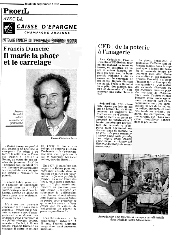 Francis Dumelie, Francis Dumeli&eacute;, maitre artisan, service &agrave; champagne, poterie, poterie du fil de l'eau, photo&eacute;maillage, bateau d'argile et d'eau 