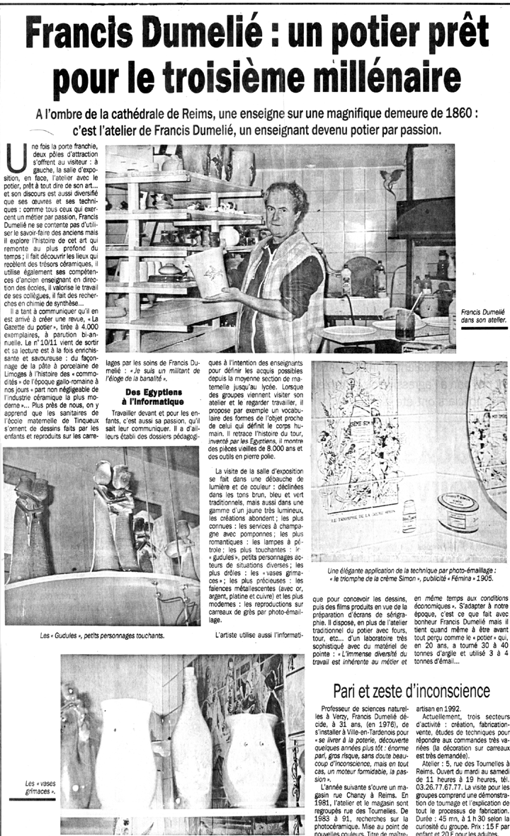 Francis Dumelie, Francis Dumeli&eacute;, maitre artisan, service &agrave; champagne, poterie, poterie du fil de l'eau, photo&eacute;maillage, bateau d'argile et d'eau 