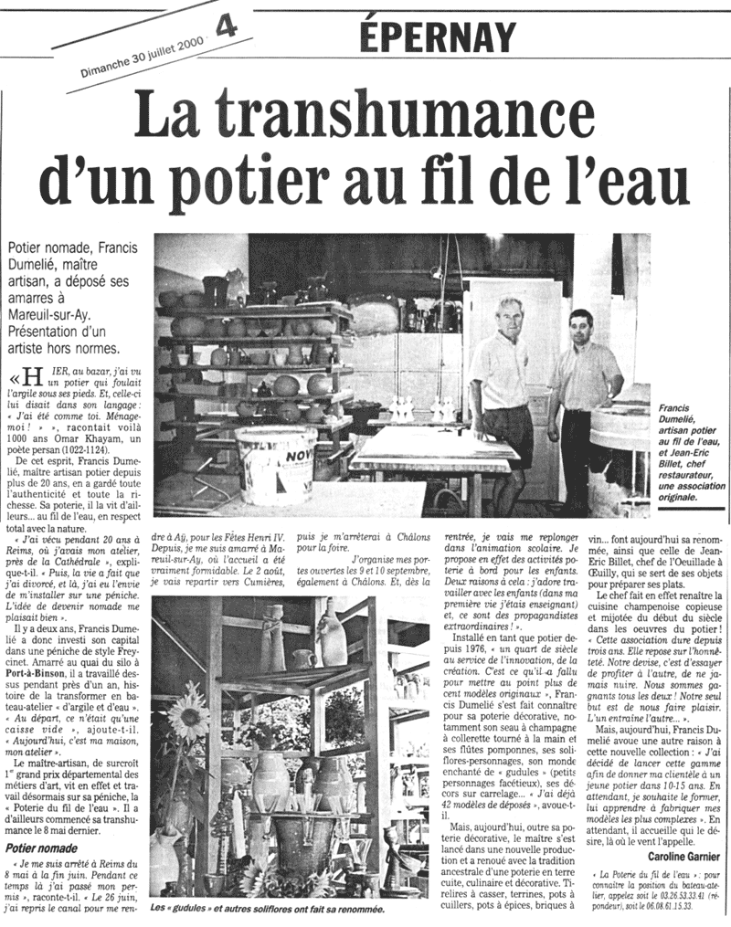 Francis Dumelie, Francis Dumeli&eacute;, maitre artisan, service &agrave; champagne, poterie, poterie du fil de l'eau, photo&eacute;maillage, bateau d'argile et d'eau 