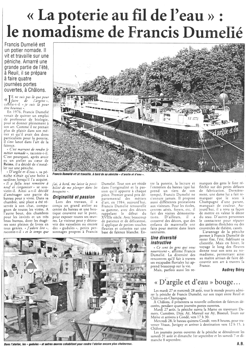 Francis Dumelie, Francis Dumeli&eacute;, maitre artisan, service &agrave; champagne, poterie, poterie du fil de l'eau, photo&eacute;maillage, bateau d'argile et d'eau 