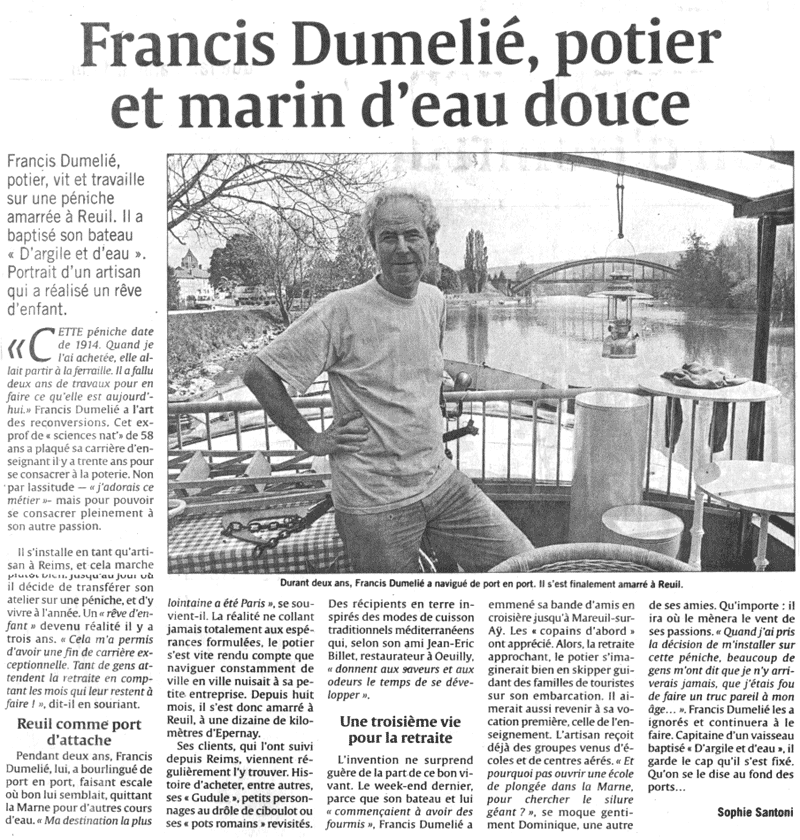 Francis Dumelie, maitre artisan, service &agrave; champagne, poterie, poterie du fil de l'eau, photo&eacute;maillage, bateau d'argile et d'eau 